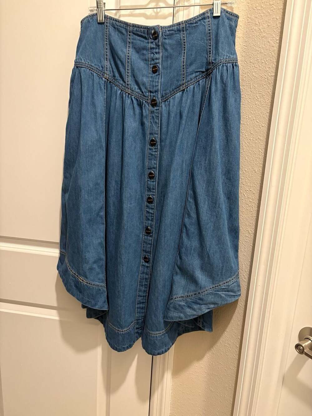 Pilcro Denim Button-Front Midi Skirt in Blue